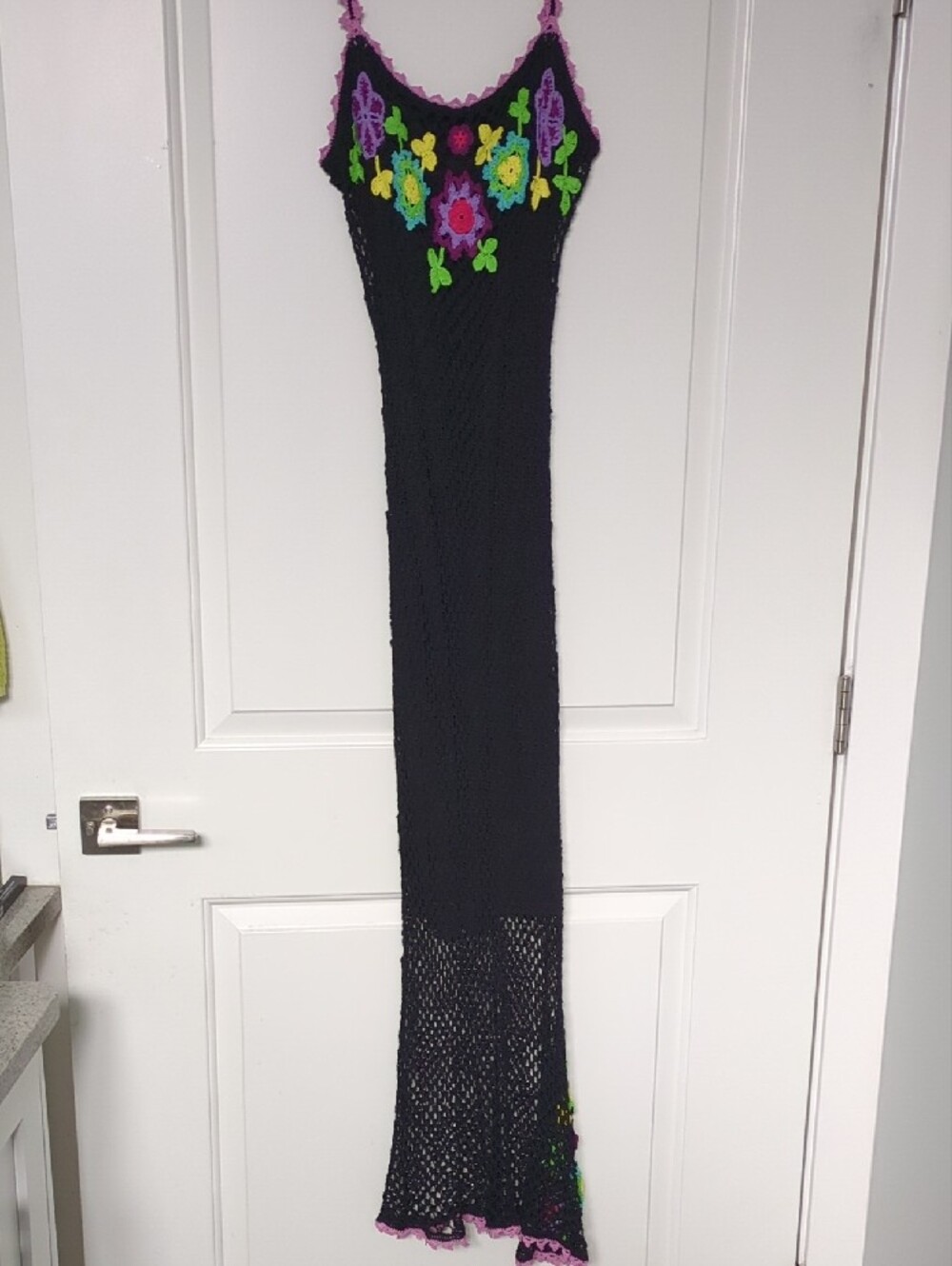 Y2K Black Crochet Dress with Pink Trim And Coloured Flowers